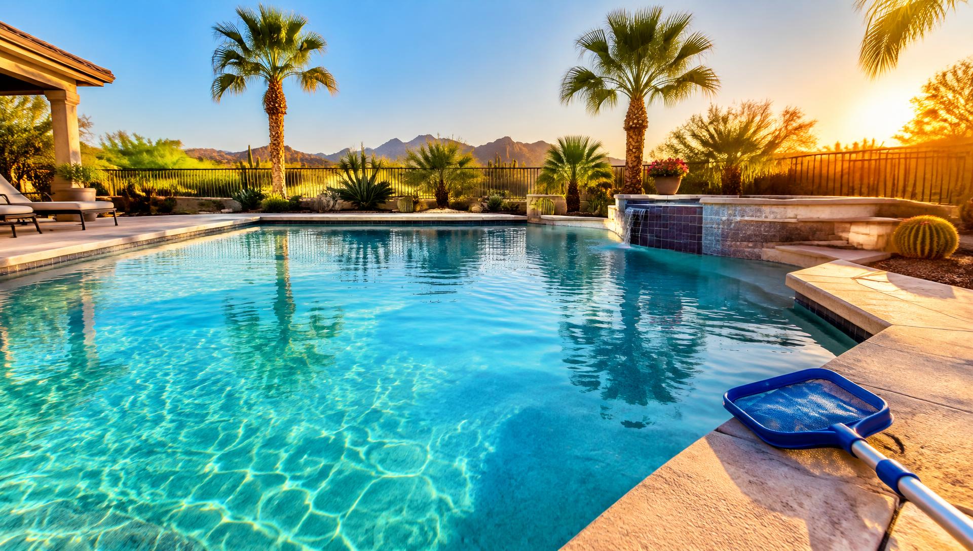 Crystal-clear swimming pool in an Arizona backyard with palm trees at sunset, maintained by Same Day Pool Service